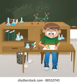 Vector illustration of a young boy  studying chemistry in a classroom full of equipment.