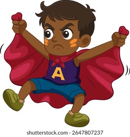 Vector illustration of a young boy in a superhero pose with a red cape. Bold colors and dynamic composition enhance the action