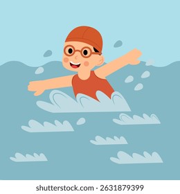 Vector illustration of a young boy swimming in a pool, showing movement and enjoyment. Ideal for kids’ sports, water activities, and summer themes.