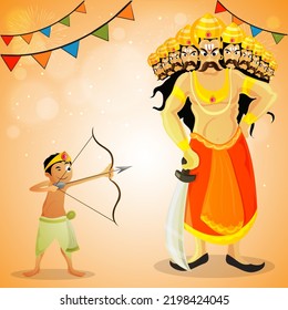 Vector Illustration Of Young Boy Taking An Aim Against Demon King Ravana And Bunting Flags On Orange Bokeh Light Effect Background For Dussehra Concept.