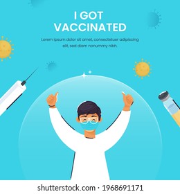 Ilustración Vectorial De Un Niño Joven Con Máscara Protectora, Mostrando El Pulgar Sobre El Fondo Azul Para Obtener Vacunación.