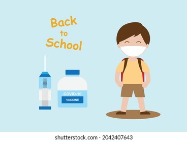 Vector illustration of young boy wearing facemask and covid-19 vaccine with syringe. Back to school after immunization for protection serious illness.