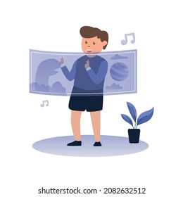 Ilustración vectorial de un niño que trabaja e innova con un entorno virtual de realidad aumentada.