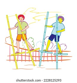 Vector illustration of young boys playing a traditional Indonesian game called Egrang
