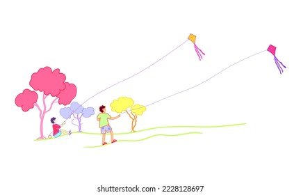 Vector illustration of young boys playing a traditional Indonesian game called Layang-layang