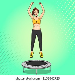 vector illustration of  young brunette girl is busy with fitness by jumping on a mini trampoline in pop art style