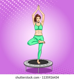 vector illustration of young brunette girl is busy with yoga on a mini trampoline in pop art style
