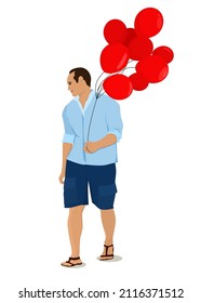 vector illustration of a young brunette man in summer clothes with red balloons in his hands, isolated on a white background