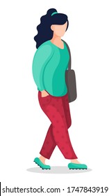 Imagen vectorial de una joven morena con cola de pontón con camisa verde, pantalones rojos con bolsa en el hombro. Retrato de personaje de caricatura con ropa informal. Niña aislada de fondo blanco