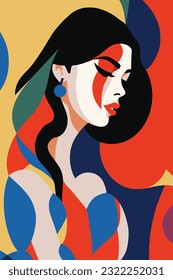 Vector illustration of a young brunette woman in organic geometric shapes, wearing a large earring, clown-like red makeup, and dark turquoise, red, and blue hair. 