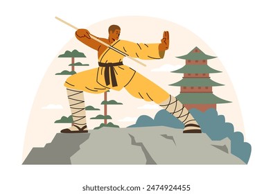 Ilustración vectorial con un joven monje budista, un hombre que refleja la pose marcial de los maestros de las artes marciales orientales, contra el fondo de la naturaleza.