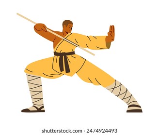 Ilustración vectorial con un joven monje budista, un hombre con un kimono amarillo, reflejando la pose de lucha de los maestros de las artes marciales orientales practicando Shaolin chuan, Kung fu y wushu.