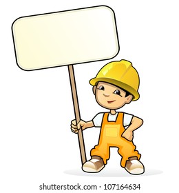 Vector illustration of a young builder with sign