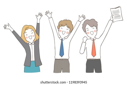 Vector illustration young business man woman cheerful so happy when success project.Isolated on white color.Draw doodle cartoon style.