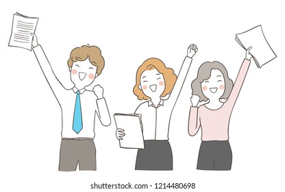 Vector illustration young business man woman cheerful so happy when success project.Isolated on white color.Draw doodle cartoon style.