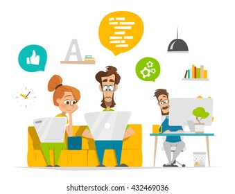 Vector illustration of young business people team working in modern contemporary office