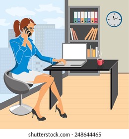 Vector illustration. Young business woman with mobile phone in hand working on a laptop in the office