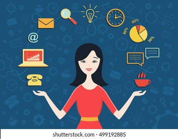  Vector illustration of young business woman, personal assistant or hard working secretary