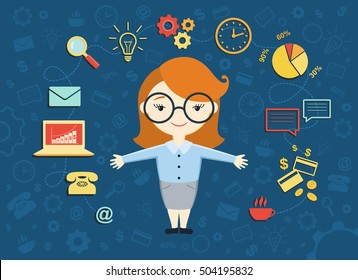 Vector illustration of young business woman, personal assistant or hard working secretary