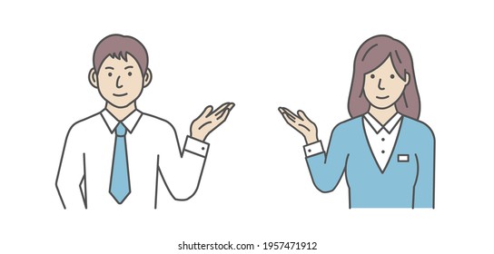 Vector illustration of a young businessman and businesswoman  introducing or navigating