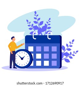 Vector illustration. Young businessman characters make work schedules on the calendar. design scheduling business graphics tasks on week - Vector - Vector.