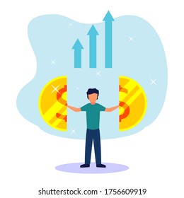 Vector illustration, young businessman combining two gold coins, growth, income. Success in business.