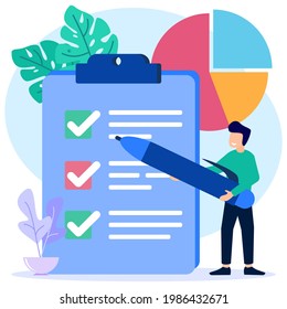 Vector illustration of a young businessman filling a checklist on a notebook paper. To do list, successful work planning, completed mission concept for web or landing page, ui, banner, social media.