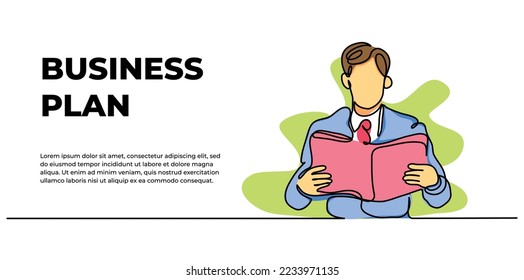 Imagen vectorial de un joven empresario leyendo un libro. Diseño de concepto de negocio. Moderno y plano en línea continua.