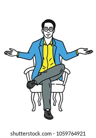 Vector illustration of young businessman, sitting on armchair, cross legged, stretching hands, smiling, and happy expression. Outline, linear, thin line art, hand drawn sketch design.