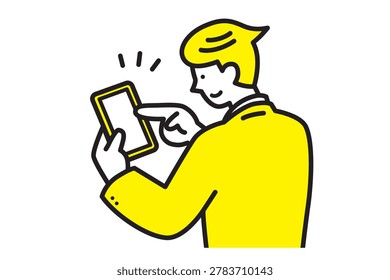 Vector illustration of a young businessman touching his smartphone screen.