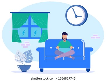 Vector illustration of young businessman working from home. Stay at home social media campaign for corona virus awareness and prevention.