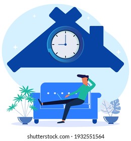 Vector illustration of young businessman working from home. Stay at home social media campaign for coronavirus awareness and prevention.
