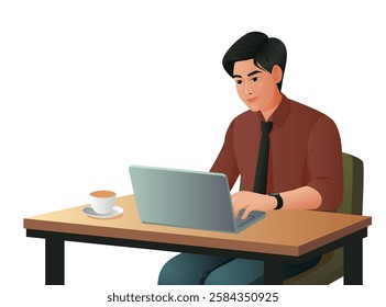 Vector illustration of a young businessman working on a laptop at a desk. He is wearing a brown shirt, black tie, and a smartwatch, appearing focused and professional. A cup of coffee sits beside him
