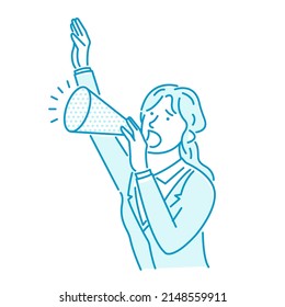 Vector illustration of a young businesswoman making a loud voice using a megaphone