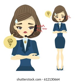 Vector illustration of a young call center woman with headset upset