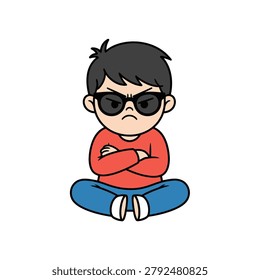 A vector illustration of a young cartoon boy sitting cross-legged on the floor with a defiant expression. He is wearing black sunglasses, a red long-sleeved shirt, and blue pants while keeping his arms folded across his chest. The character has a grumpy, stubborn look with furrowed eyebrows, isolated against a clean white background.
