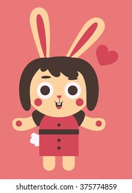 Vector illustration of a young cartoon bunny girl in love, with open arms, smiling, next to a floating heart.