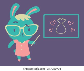 Vector illustration of a young cartoon bunny teacher, holding a ruler next to a chalkboard with an easter egg and hearts inside.