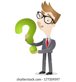 Vector illustration of a young cartoon businessman holding huge green question mark.