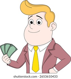 Ilustração vetorial de um jovem empresário de desenhos animados com cabelo loiro, vestindo um terno e gravata, sorrindo com confiança enquanto segura um fã de dinheiro