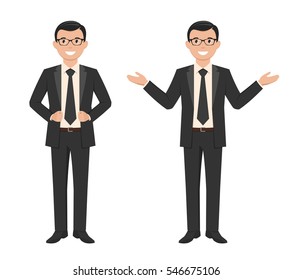 Vector illustration of a young cartoon style smiling businessman in a black suit