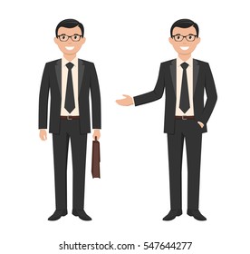 Vector illustration of a young cartoon style smiling businessman in a black suit