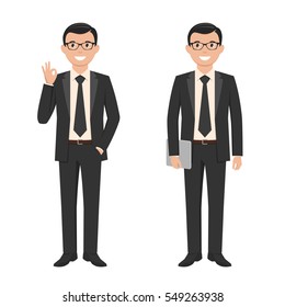 Vector illustration of a young cartoon style smiling businessman in a black suit