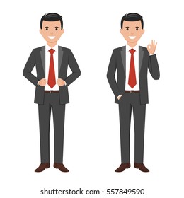 Imagen vectorial de un joven empresario de caricatura sonriente con un traje gris oscuro.