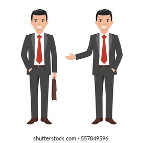 Vector illustration of a young cartoon style smiling businessman in a dark grey suit.