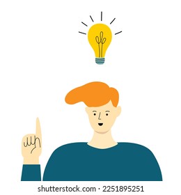 Vector illustration young Caucasian man male in blue shirt with stylish red hair in hypertrophy style pointing finger upwards with electric light bulb above head. Education learning business idea