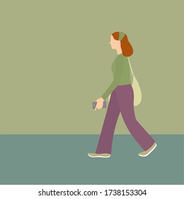 Vector illustration of young Caucasian woman in purple pants green shirt carrying canvas shoulder bag holding smartphone in hand walking on the street. City fashion casual style clothes