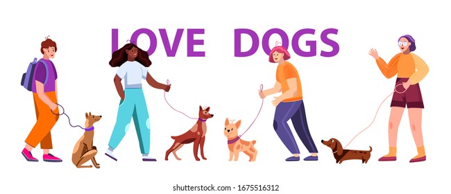 Vector illustration with young cheerful people and their pets in cartoon flat style. Female and male character walking their cute puppies isolated on white. Different dog breads and their owners.