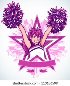 Vector illustration of a young cheerleader performing a "High V" pose with detailed pom poms. She sits inside a zebra stripe star graphic with blank banner and 3d stars shooting out from behind her.