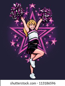 Vector illustration of a young cheerleader with pom poms performing a "High V" pose will standing on one leg. Cheerleader is standing in front of a star graphic with zebra stripe pattern fill.